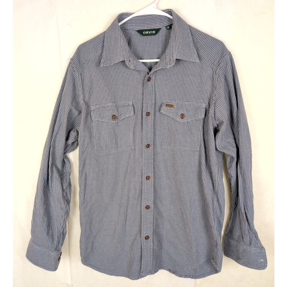 Orvis grey houndstooth long sleeve button up flannel shirt Sz Med Classic Casual
